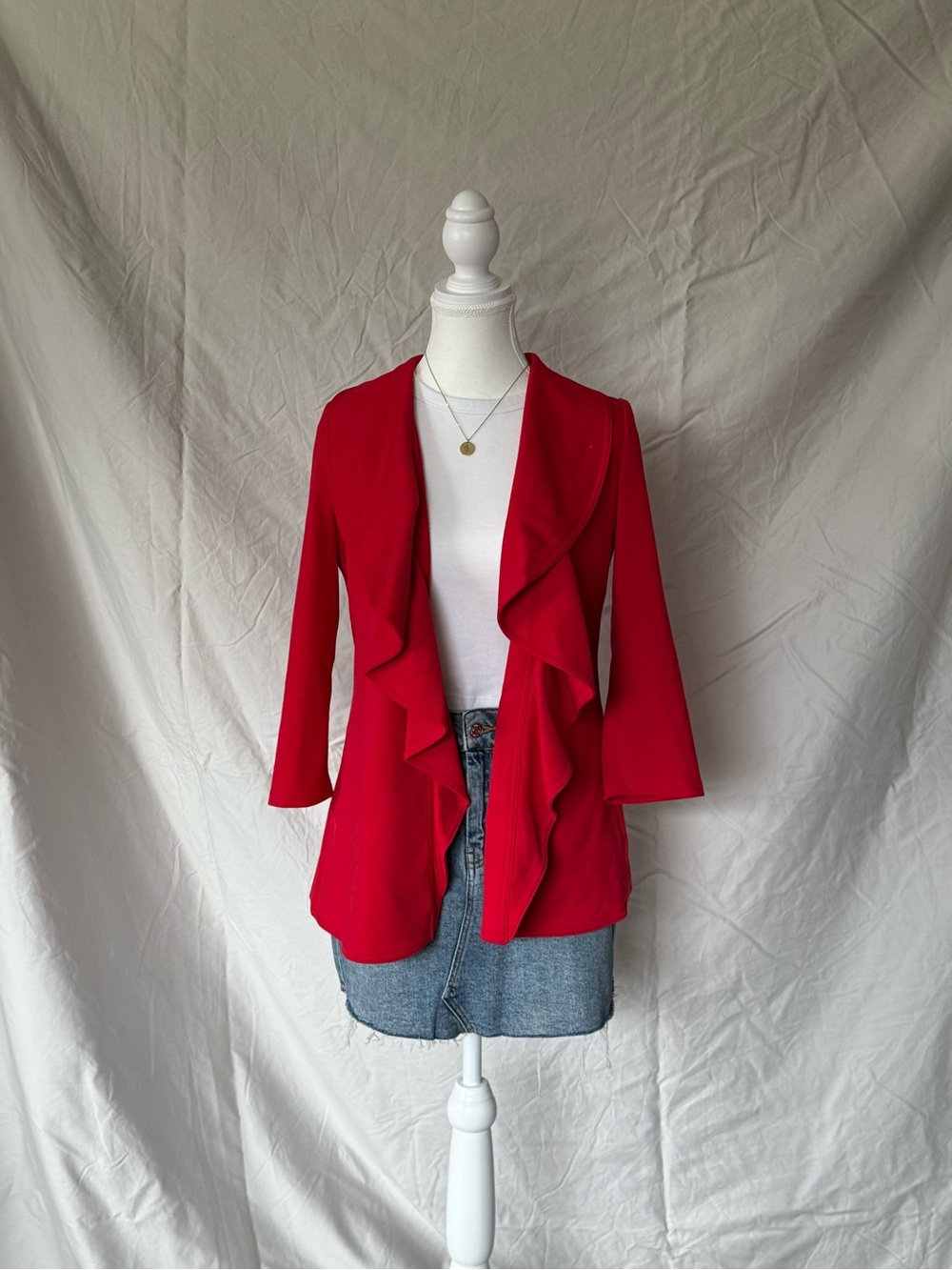 Calvin Klein Red Ruffle Open-Front Jacket - Picture 2 of 8
